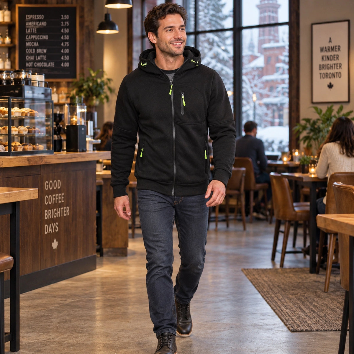 fleece jacket — Men's Fleece Lined Hooded Zip Up Jacket — Logan, Black, view, worn by an adult model, Usa and Canada — view 9