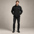 Men's Stand Collar Zip Up Fleece Jacket — Malte, Black, complete front view, worn by an adult model, professional image
