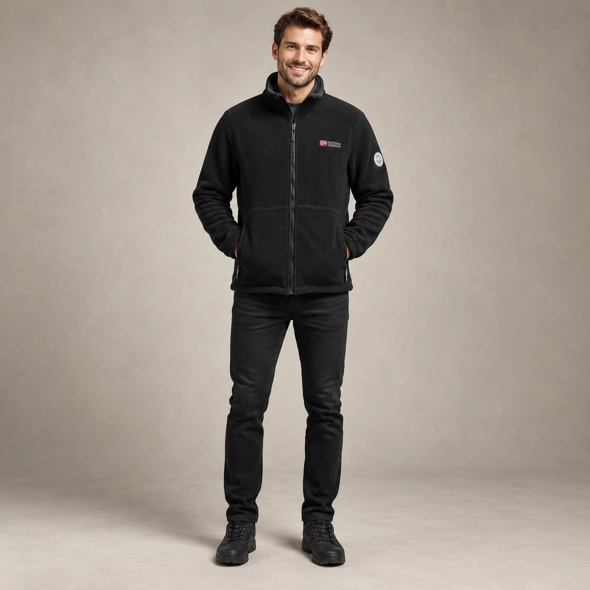 Men's Stand Collar Zip Up Fleece Jacket — Malte, Black, complete front view, worn by an adult model, professional image