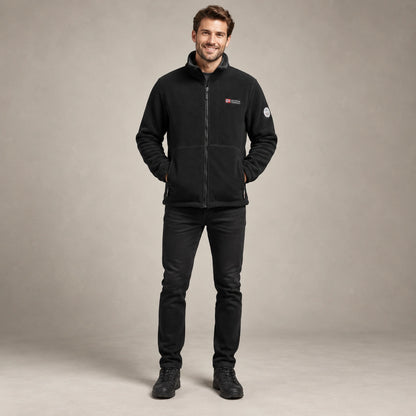 Men's Stand Collar Zip Up Fleece Jacket — Malte, Black, complete front view, worn by an adult model, professional image