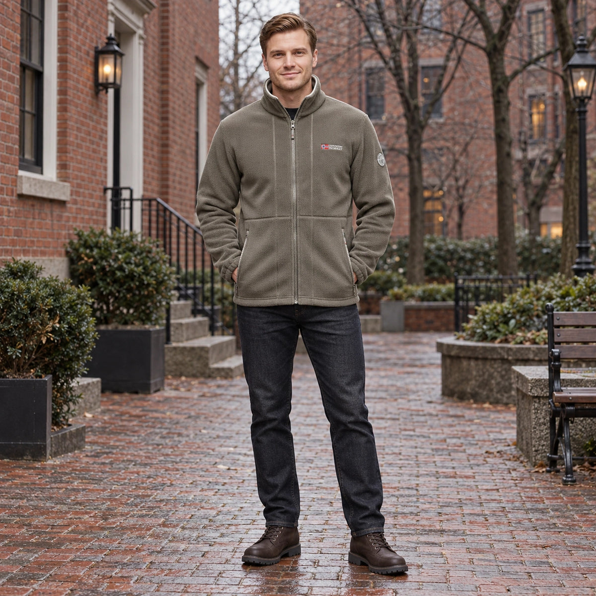 Men's Stand Collar Zip Up Fleece Jacket — Malte, Taupe, complete front view, worn by an adult model, Usa and Canada — view 3