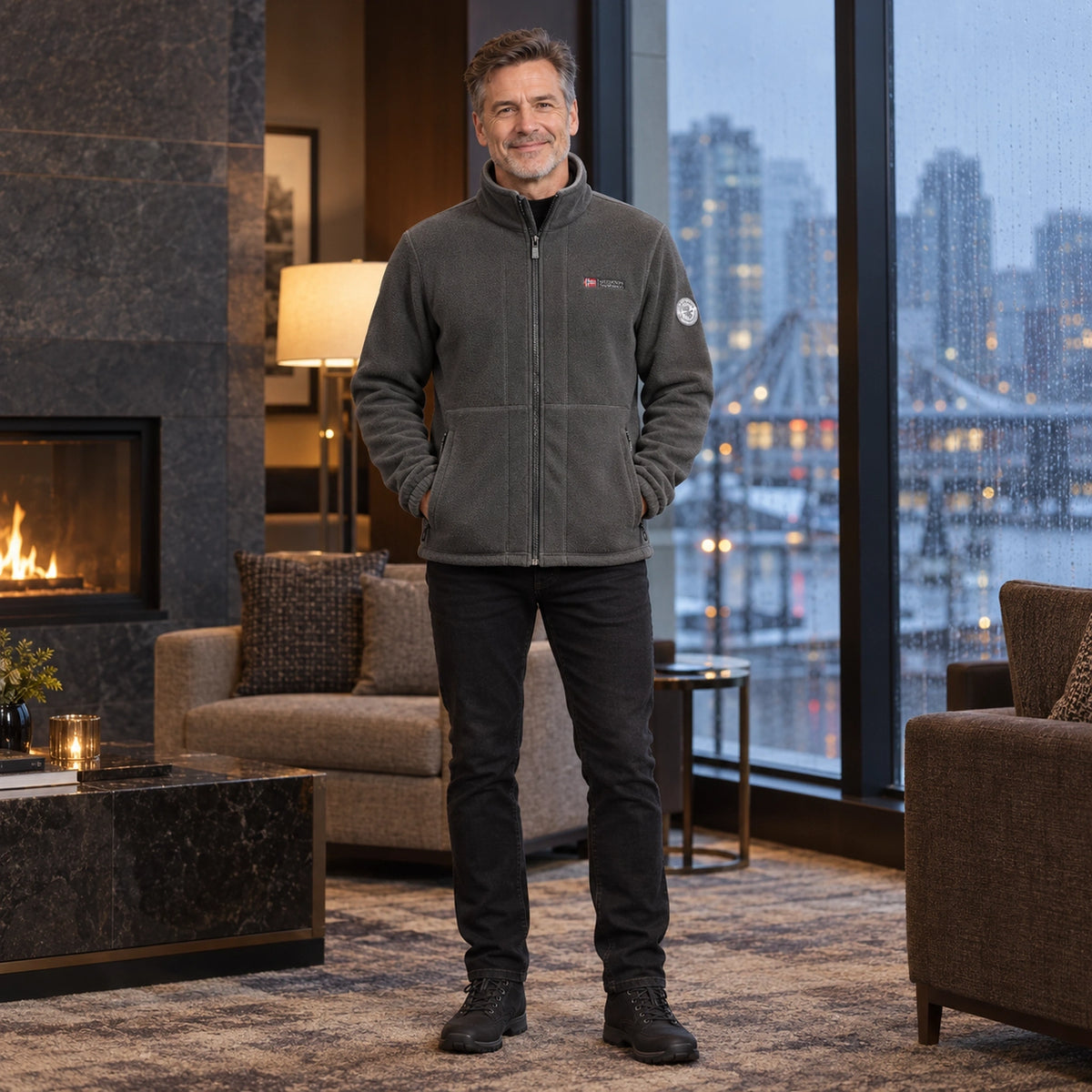 Men's Stand Collar Zip Up Fleece Jacket — Malte, Dark Gray, complete front view, worn by an adult model, Usa and — view 4