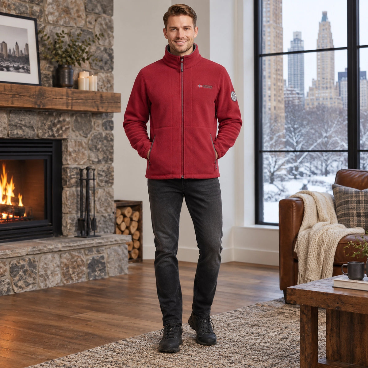 Men's Stand Collar Zip Up Fleece Jacket — Malte, Red, complete front view, worn by an adult model, Usa and Canada — view 5