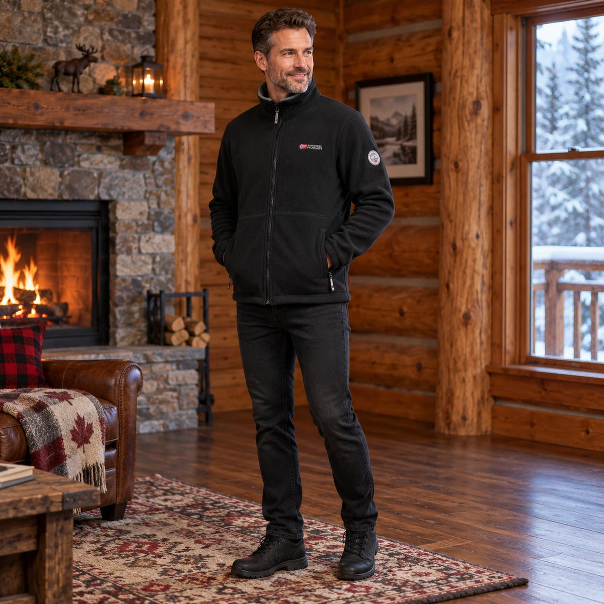 Men's Stand Collar Zip Up Fleece Jacket — Malte, Black, three quarter view, worn by an adult model, Usa and Canada — view 6