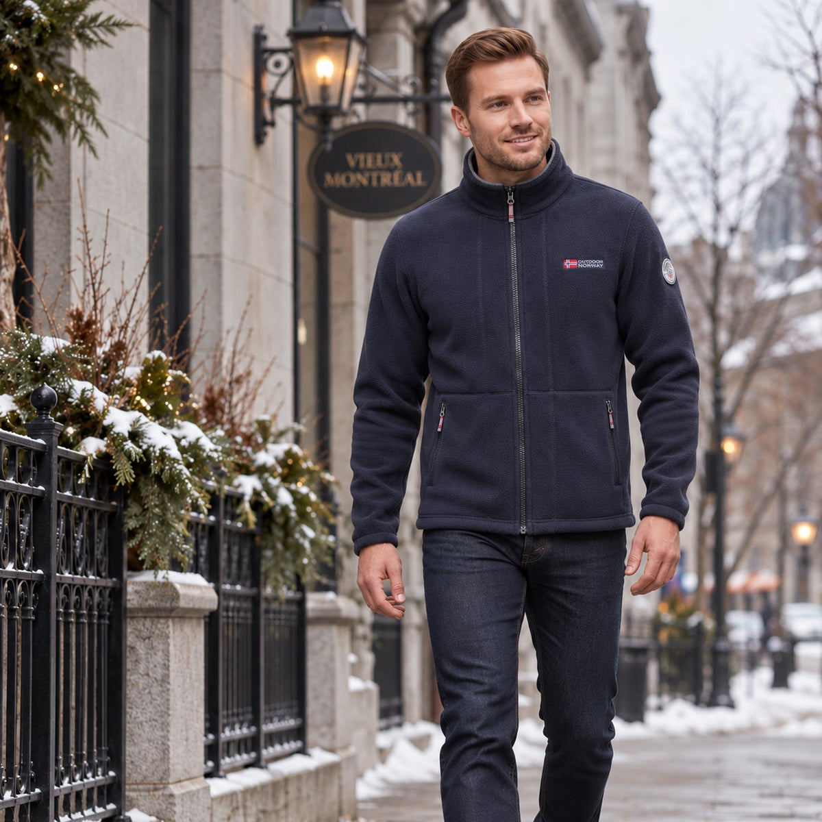 Men's Stand Collar Zip Up Fleece Jacket — Malte, Dark Blue, view, worn by an adult model, Usa and Canada — view 7