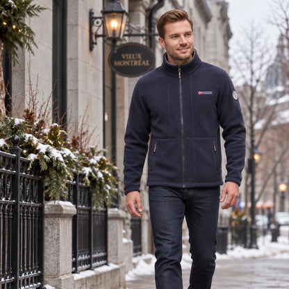 Men's Stand Collar Zip Up Fleece Jacket — Malte, Dark Blue, view, worn by an adult model, Usa and Canada — view 7