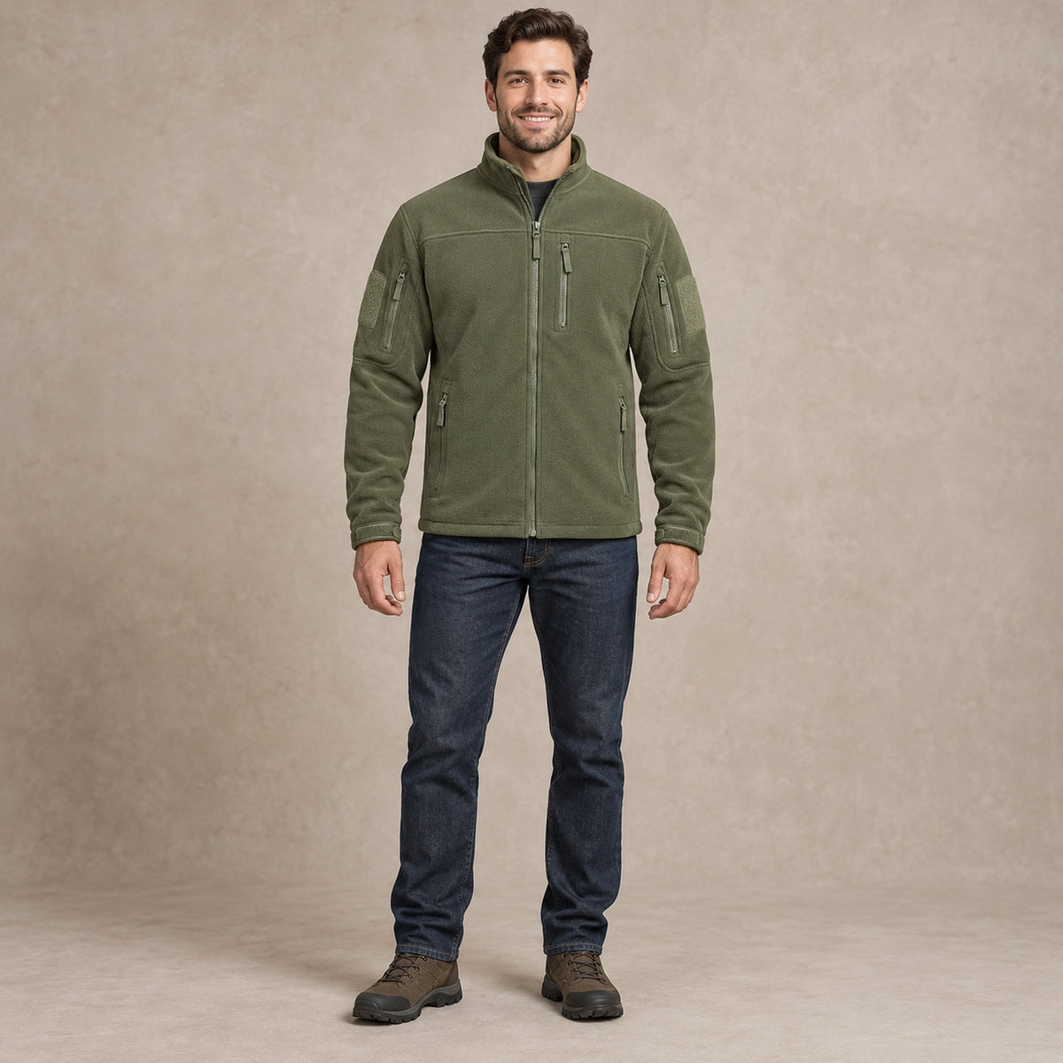 Men's Tactical Zip Up Fleece Jacket — Axel, Olive Green, complete front view, worn by an adult model, professional image