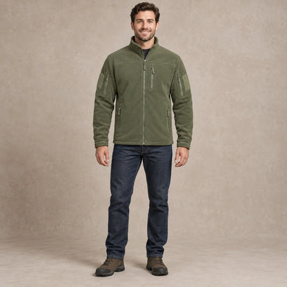 Men's Tactical Zip Up Fleece Jacket — Axel, Olive Green, complete front view, worn by an adult model, professional image