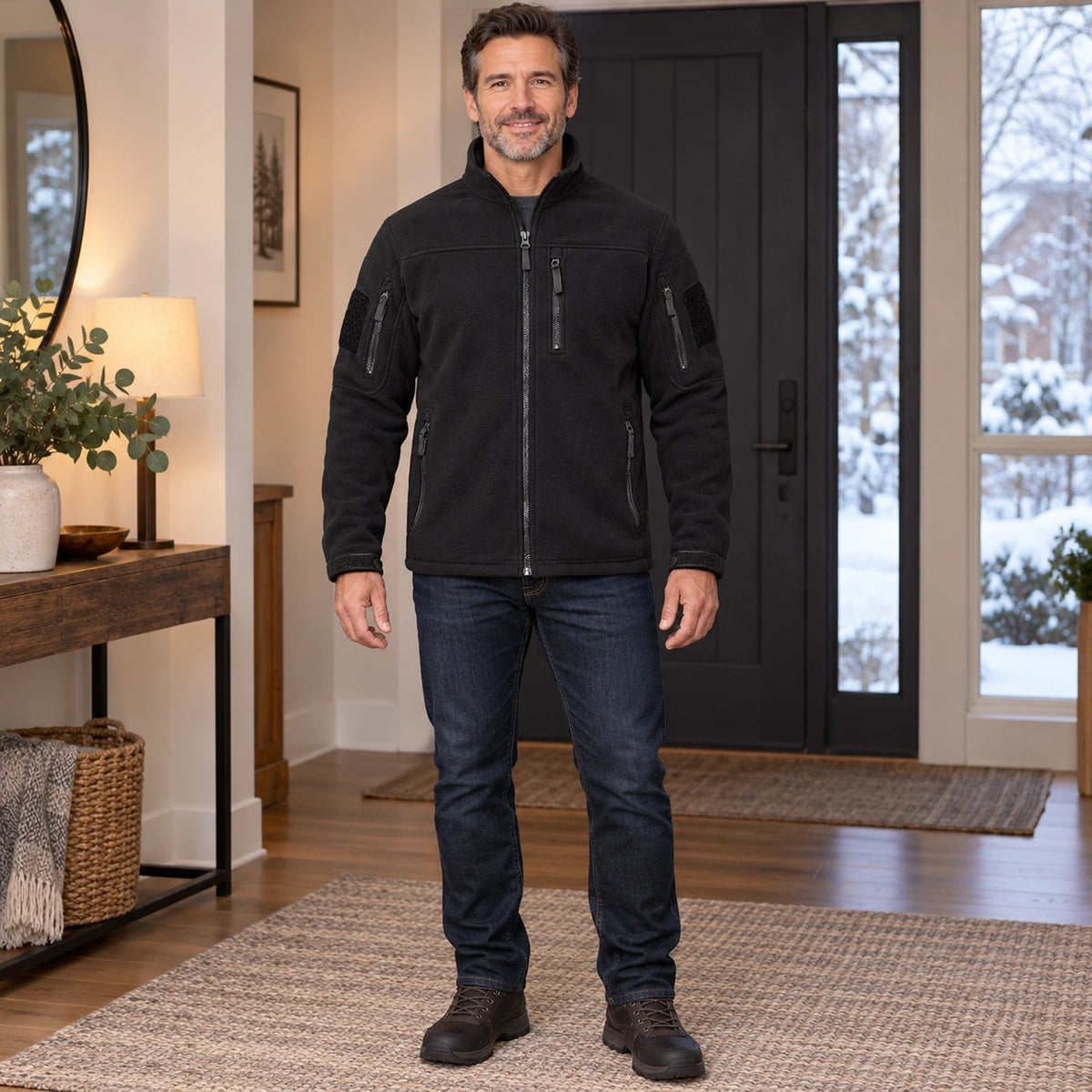 Men's Tactical Zip Up Fleece Jacket — Axel, Black, complete front view, worn by an adult model, Usa and Canada — view 2