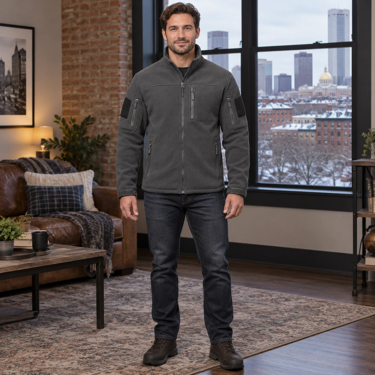 Men's Tactical Zip Up Fleece Jacket — Axel, Dark Gray, complete front view, worn by an adult model, Usa and Canada — view 3