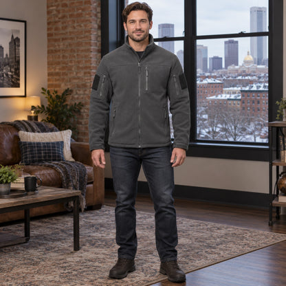 Men's Tactical Zip Up Fleece Jacket — Axel, Dark Gray, complete front view, worn by an adult model, Usa and Canada — view 3
