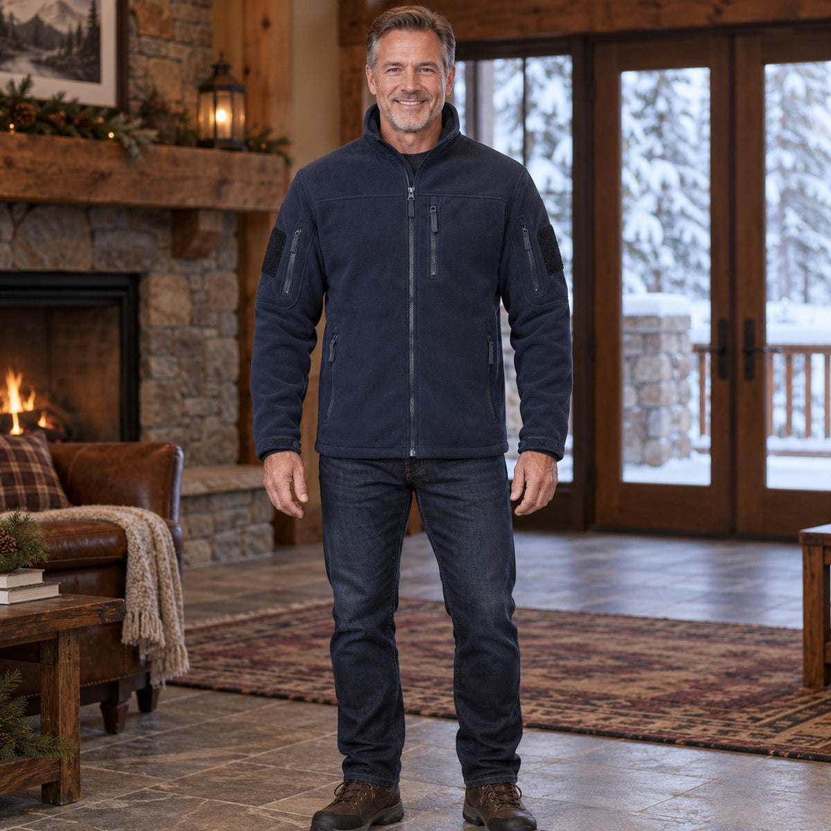 Men's Tactical Zip Up Fleece Jacket — Axel, Navy Blue, complete front view, worn by an adult model, Usa and Canada — view 4