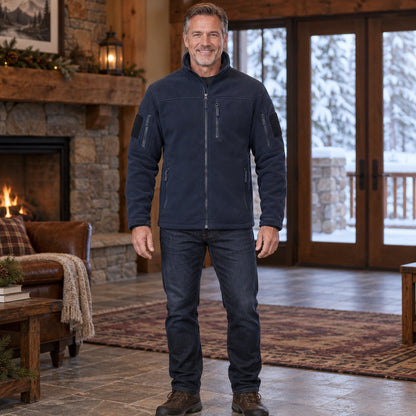 Men's Tactical Zip Up Fleece Jacket — Axel, Navy Blue, complete front view, worn by an adult model, Usa and Canada — view 4