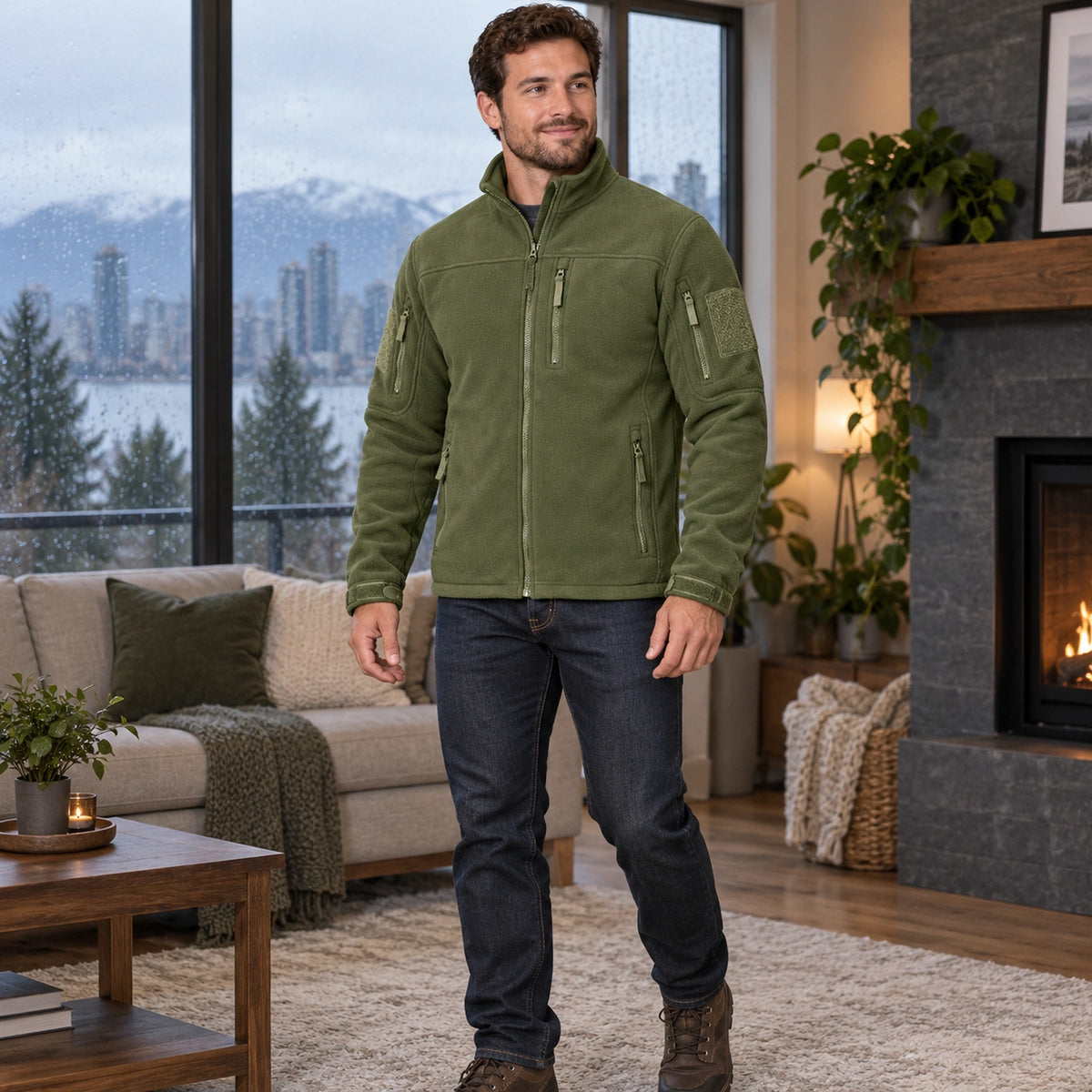Men's Tactical Zip Up Fleece Jacket — Axel, Olive Green, three quarter view, worn by an adult model, Usa and Canada — view 5