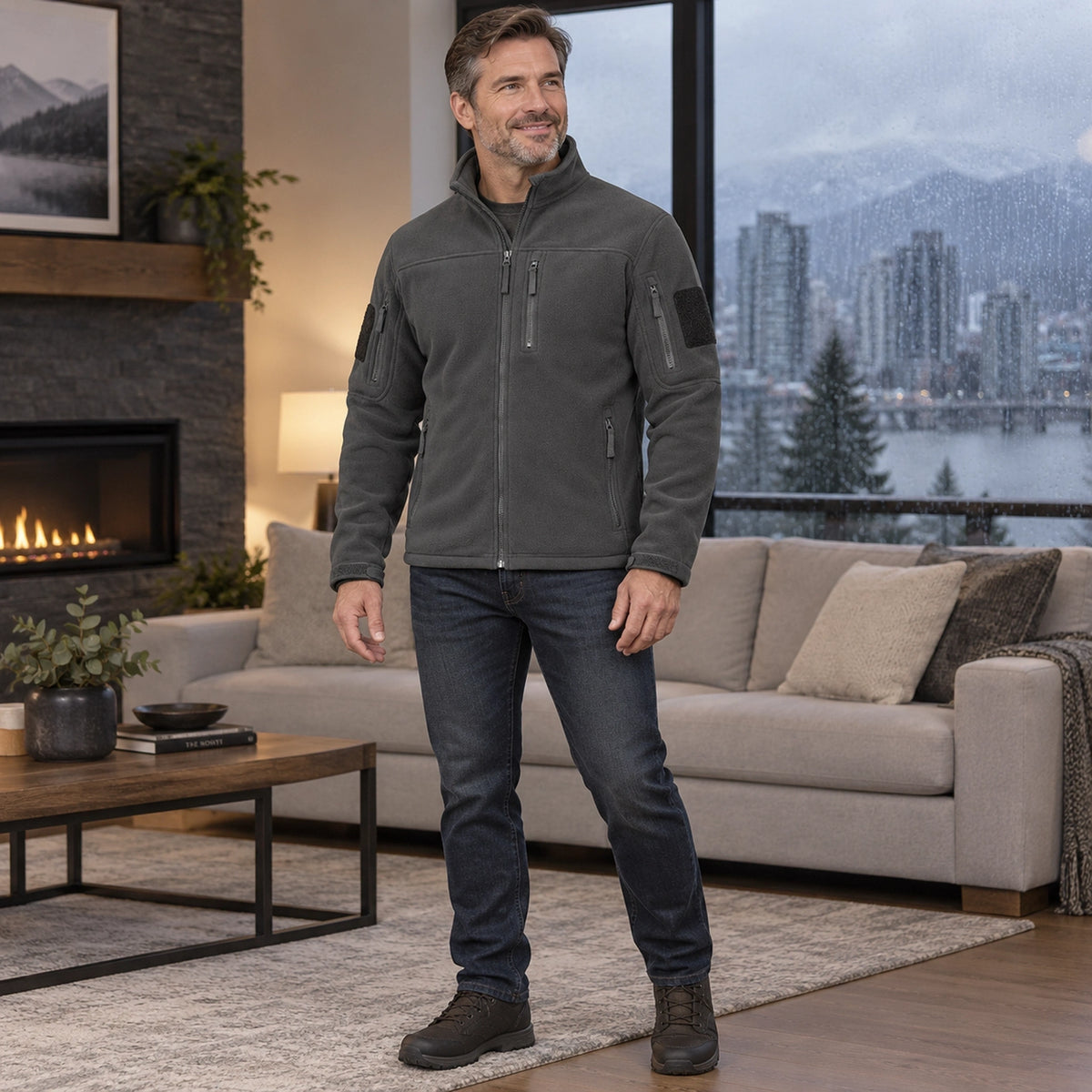 Men's Tactical Zip Up Fleece Jacket — Axel, Dark Gray, three quarter view, worn by an adult model, Usa and Canada — view 6