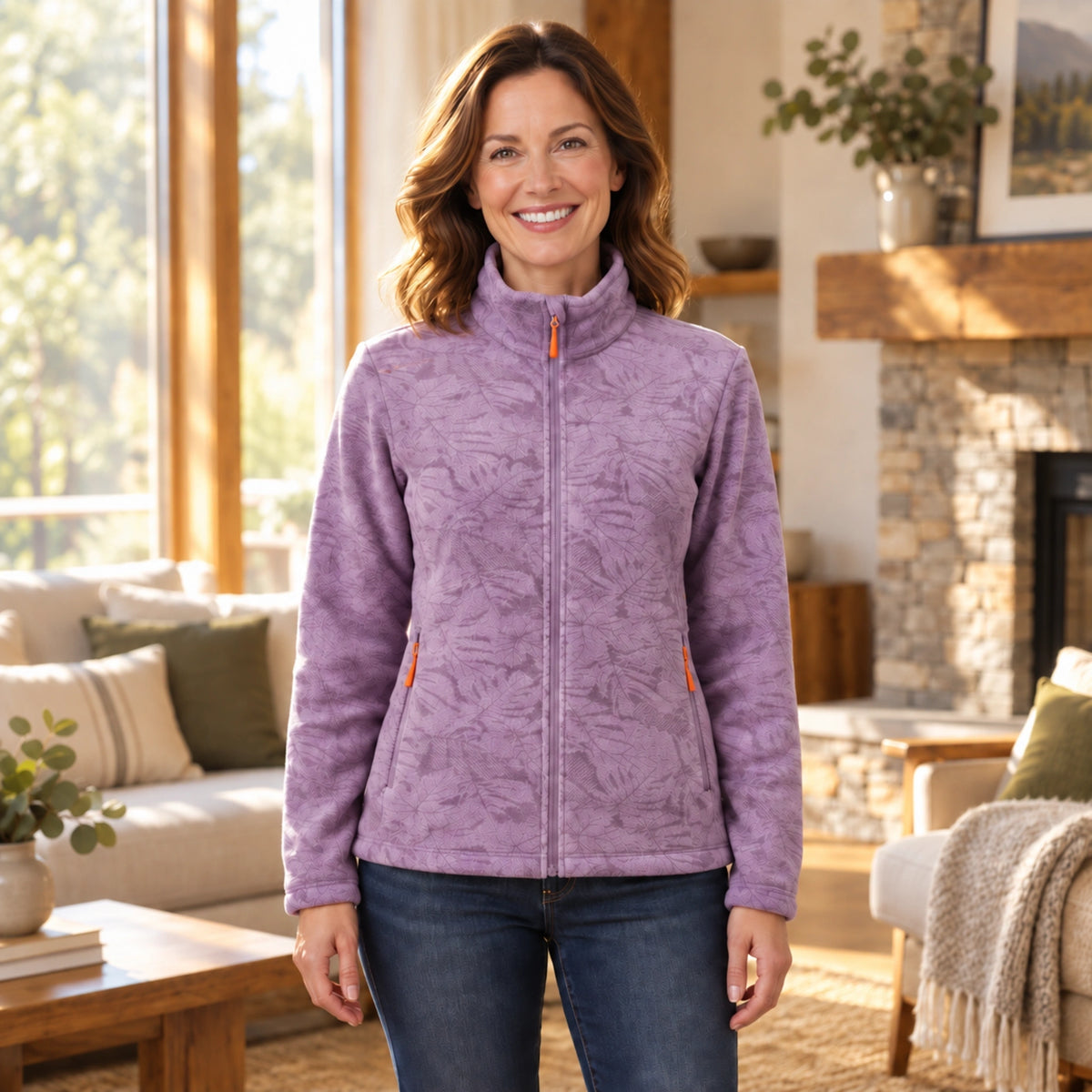 fleece jacket — Violet Light Purple front worn by an adult model in a realistic setting, complete garment visible — view 3