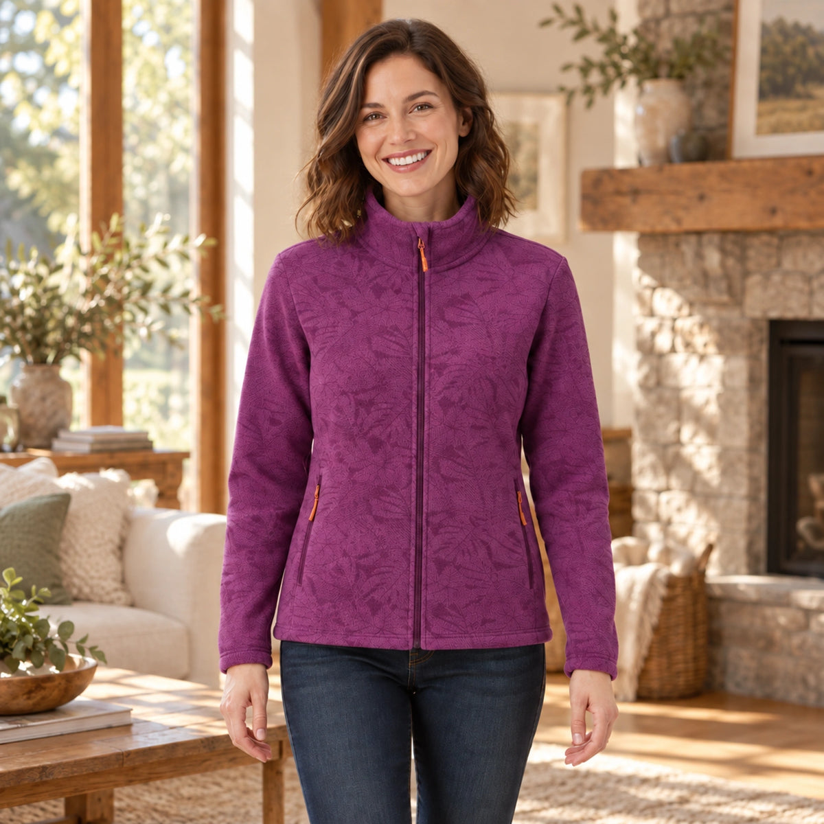 fleece jacket — Violet Dark Purple front worn by an adult model in a realistic setting, complete garment visible — view 4