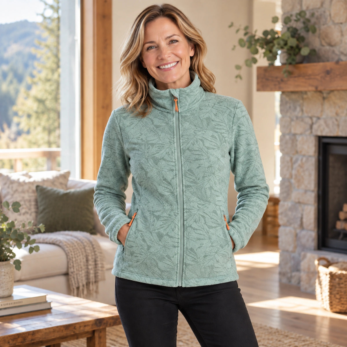 fleece jacket — Violet Light Green neckline detail worn by an adult model in a realistic setting — view 7