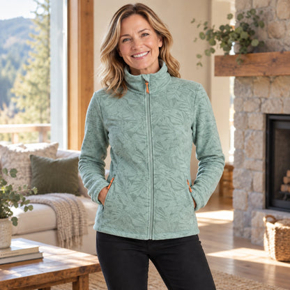 fleece jacket — Violet Light Green neckline detail worn by an adult model in a realistic setting — view 7