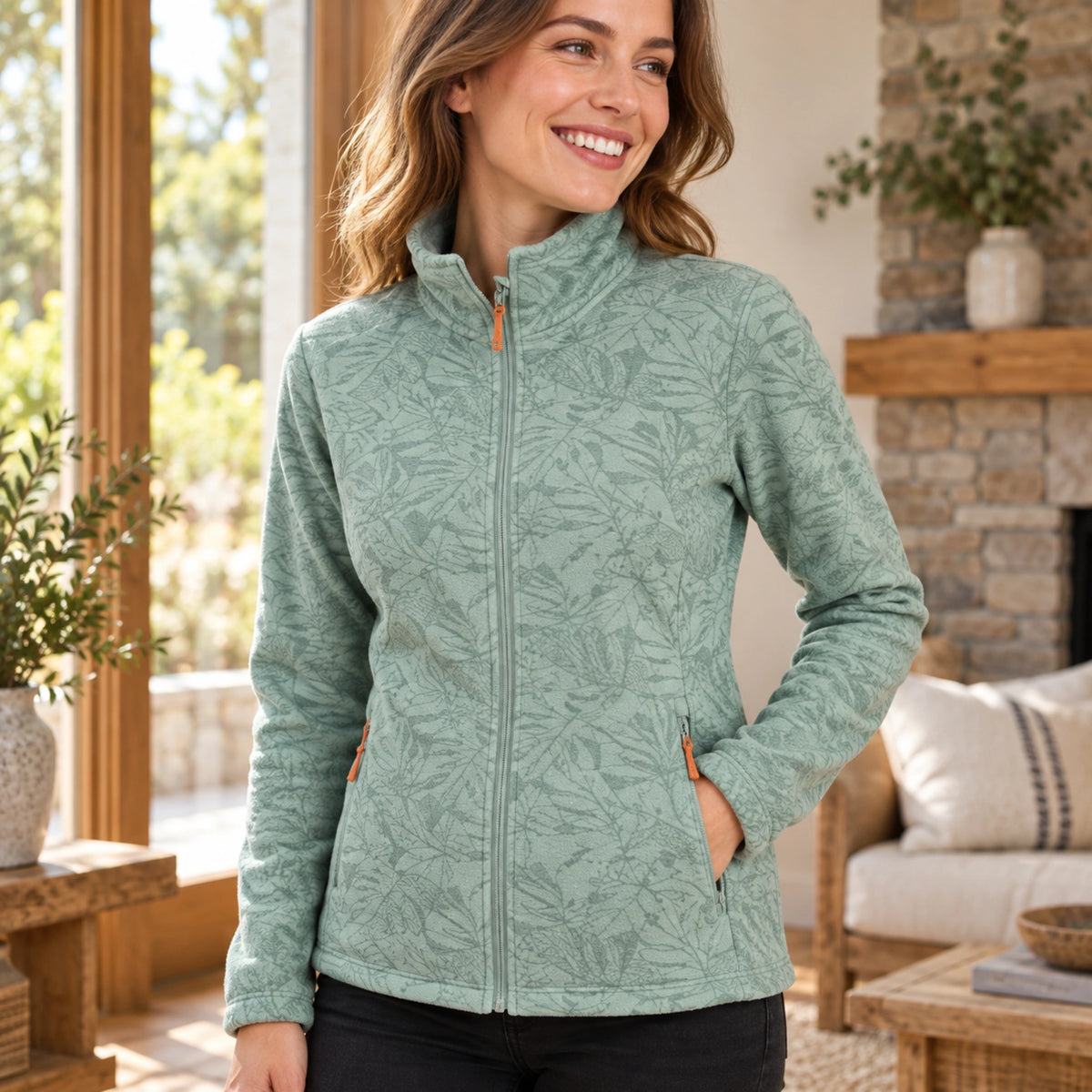 fleece jacket — Violet Light Green construction detail worn by an adult model in a realistic setting — view 8