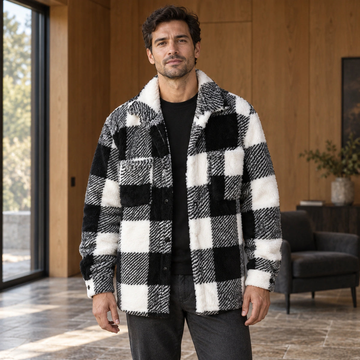 William black and white checked fleece jacket complete front view worn by an adult model