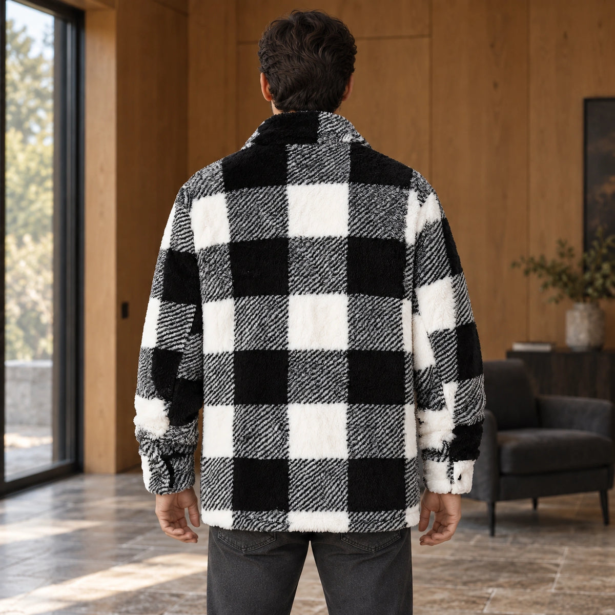 William checked fleece jacket complete rear view worn by a model — view 3