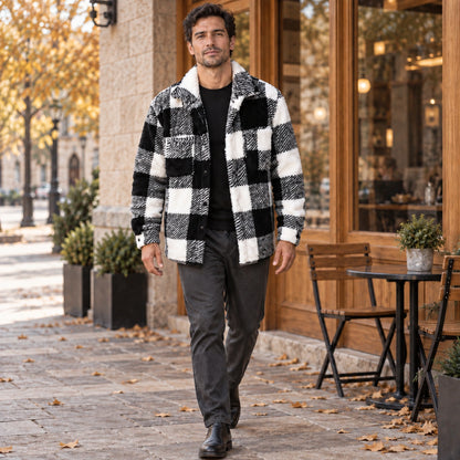 William checked fleece jacket styled on a model walking outside city cafe — view 6