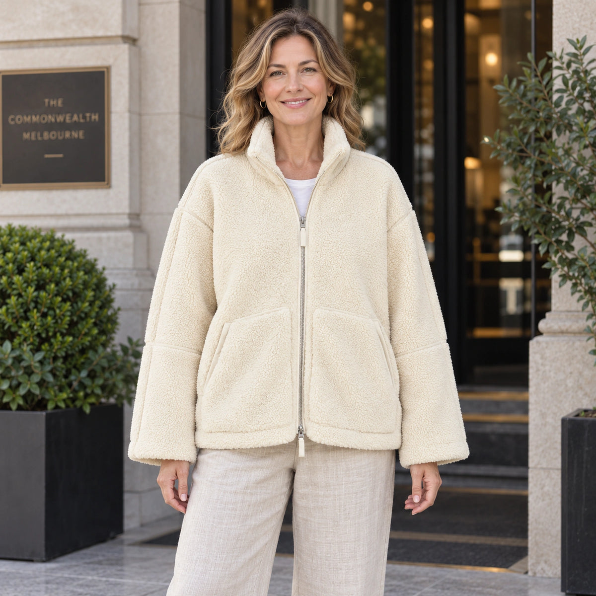 White Avalon fleece jacket, complete front view on mature model — view 2