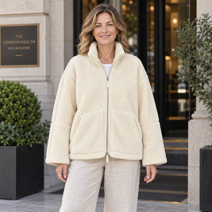 White Avalon fleece jacket, complete front view on mature model — view 2