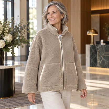 Khaki Avalon fleece jacket, angled front view on mature model — view 5