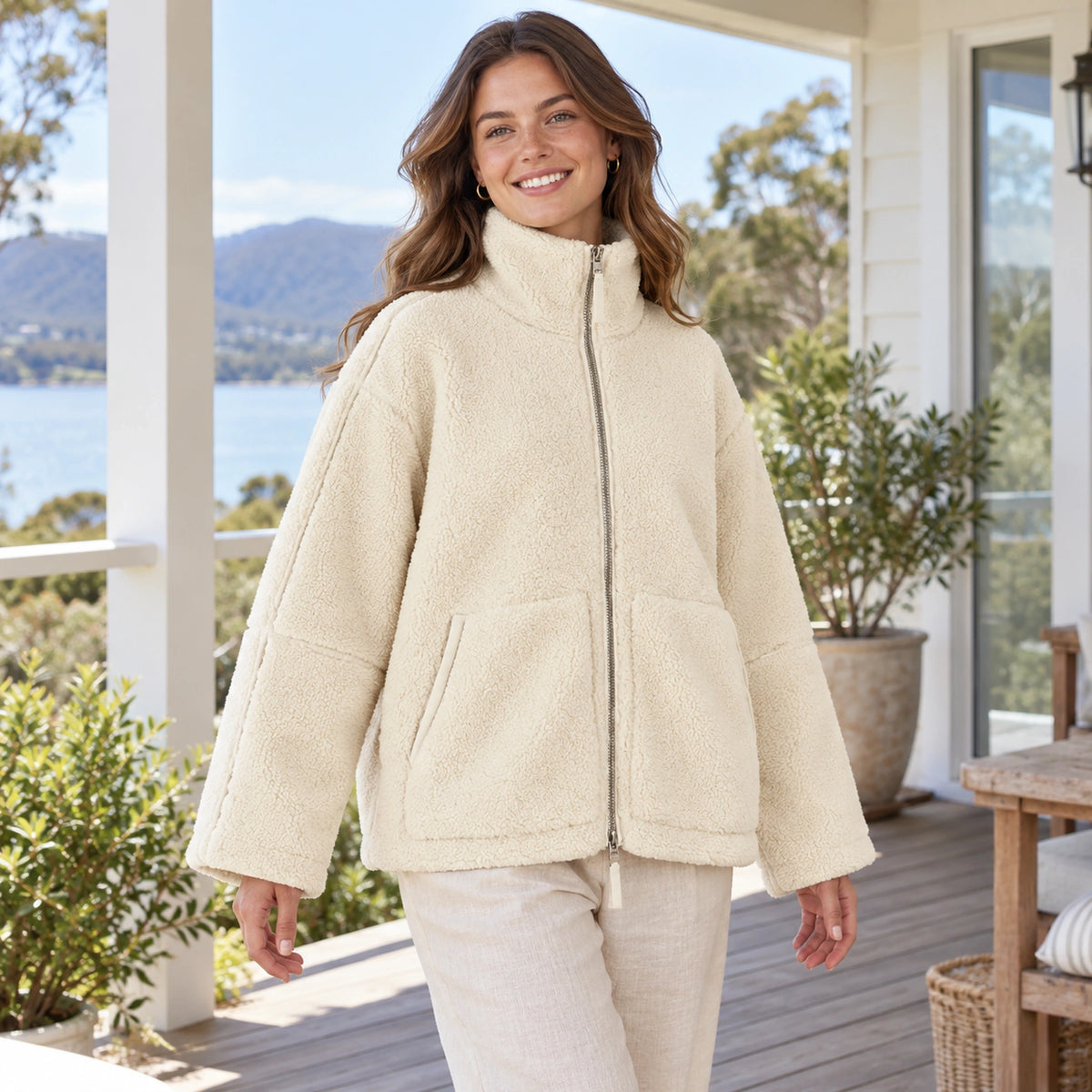 White Avalon fleece jacket, complete collar and front view on young model — view 6