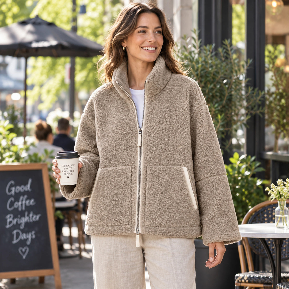 Khaki Avalon fleece jacket, young model at Melbourne cafe — view 7