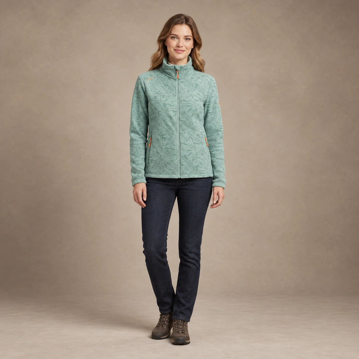 Women's Botanical Print Fleece Jacket — Annette, Light Green, complete front view, worn by an adult model, professional image