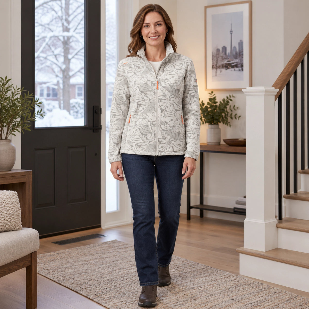 Women's Botanical Print Fleece Jacket — Annette, White, complete front view, worn by an adult model, Usa and Canada — view 2