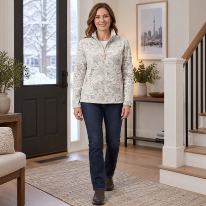 Women's Botanical Print Fleece Jacket — Annette, White, complete front view, worn by an adult model, Usa and Canada — view 2