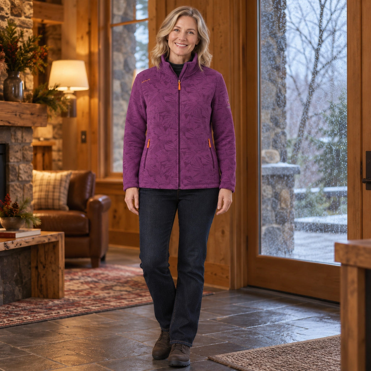 Women's Botanical Print Fleece Jacket — Annette, Dark Purple, complete front view, worn by an adult model, Usa and — view 4