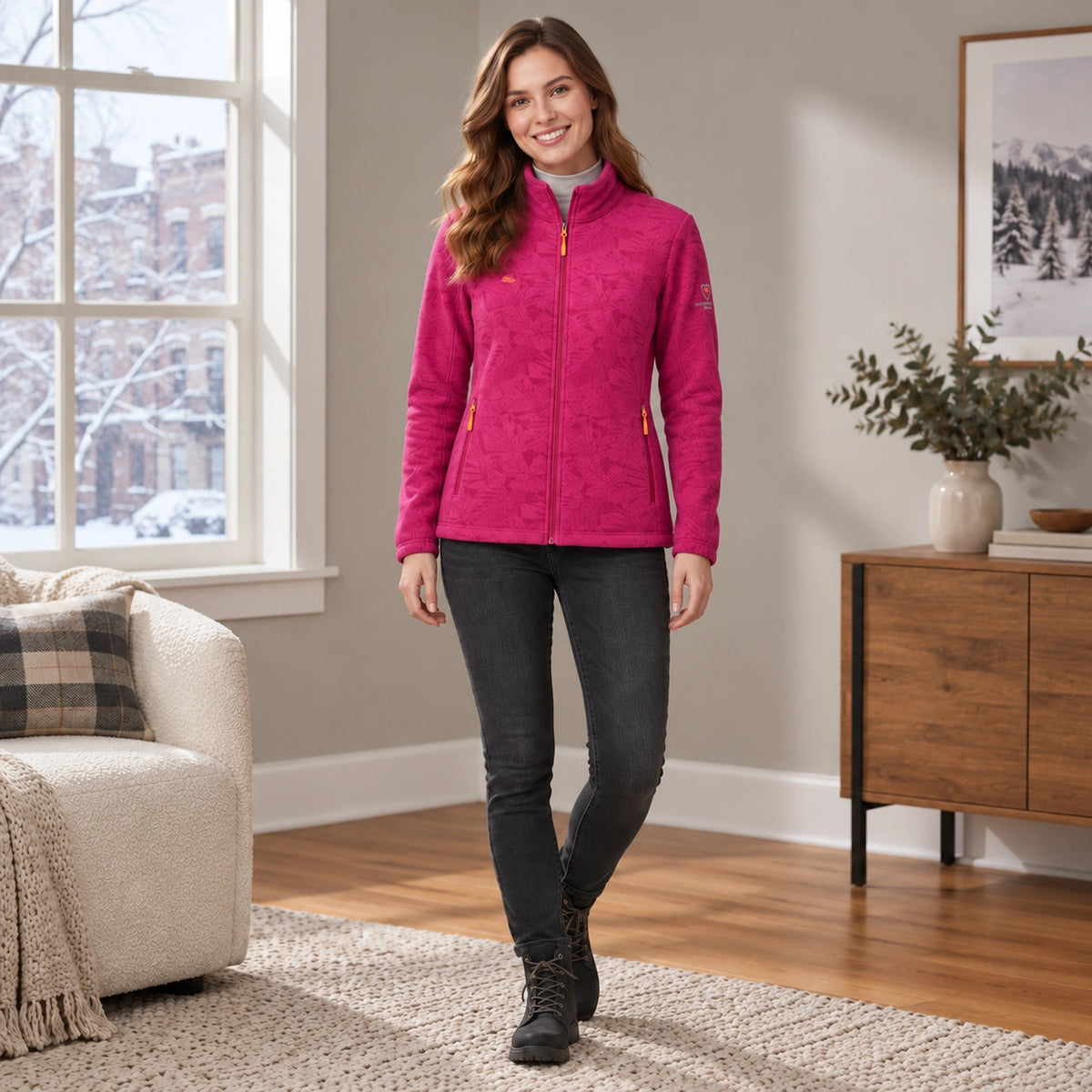 Women's Botanical Print Fleece Jacket — Annette, Pink, complete front view, worn by an adult model, Usa and Canada — view 5