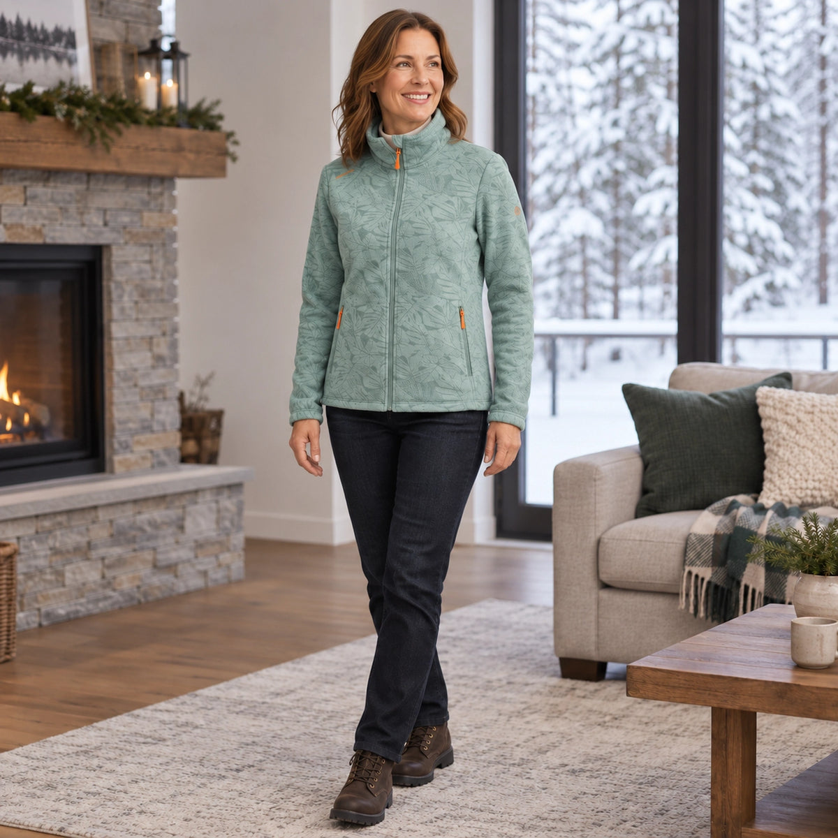 Women's Botanical Print Fleece Jacket — Annette, Light Green, three quarter view, worn by an adult model, Usa and — view 6