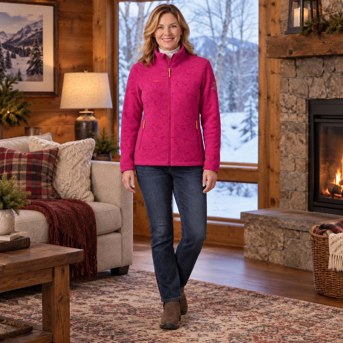 Women's Botanical Print Fleece Jacket — Annette, Pink, view, worn by an adult model, Usa and Canada — view 8
