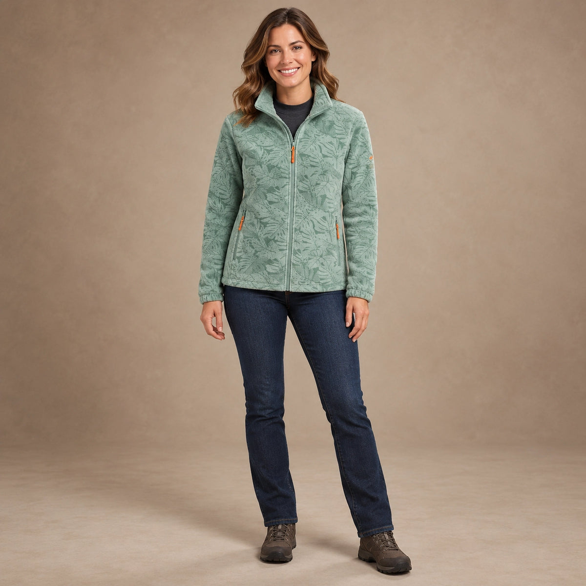 Women's Botanical Print Zip Up Fleece Jacket — Marit, Light Green, complete front view, worn by an adult model, professional