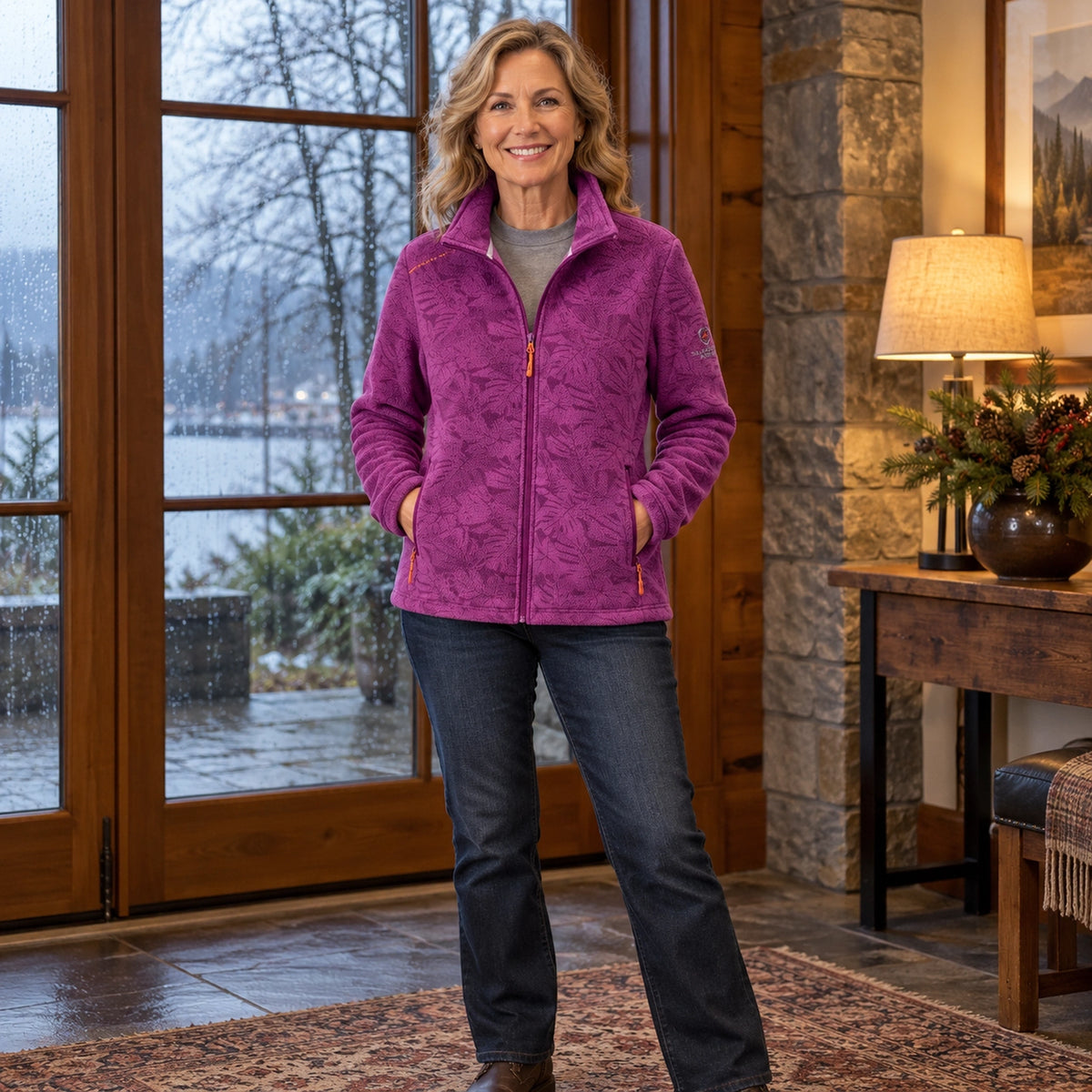 Women's Botanical Print Zip Up Fleece Jacket — Marit, Dark Lilac, complete front view, worn by an adult model, Usa — view 4