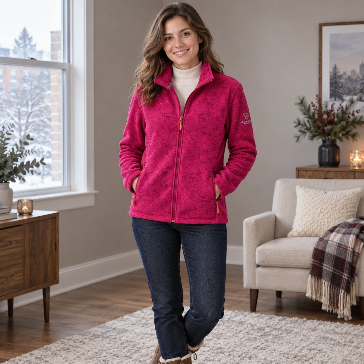 Women's Botanical Print Zip Up Fleece Jacket — Marit, Rose Pink, complete front view, worn by an adult model, Usa — view 5