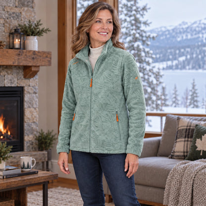 Women's Botanical Print Zip Up Fleece Jacket — Marit, Light Green, three quarter view, worn by an adult model, Usa — view 6