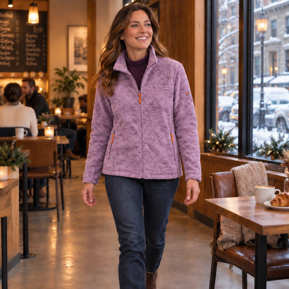 Women's Botanical Print Zip Up Fleece Jacket — Marit, Light Lilac, view, worn by an adult model, Usa and Canada — view 7