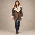 fleece jacket — Women's Contrast Collar Zip Up Coat — Amara, Brown, complete front view, worn by an adult model, professional