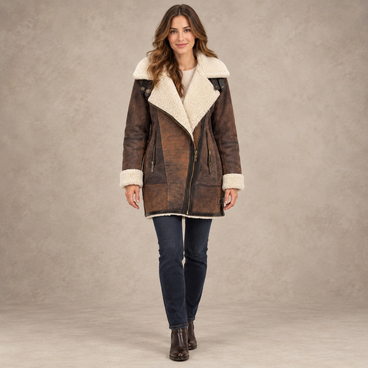 fleece jacket — Women's Contrast Collar Zip Up Coat — Amara, Brown, complete front view, worn by an adult model, professional