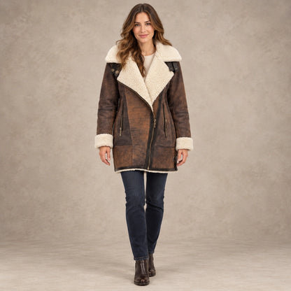 fleece jacket — Women's Contrast Collar Zip Up Coat — Amara, Brown, complete front view, worn by an adult model, professional