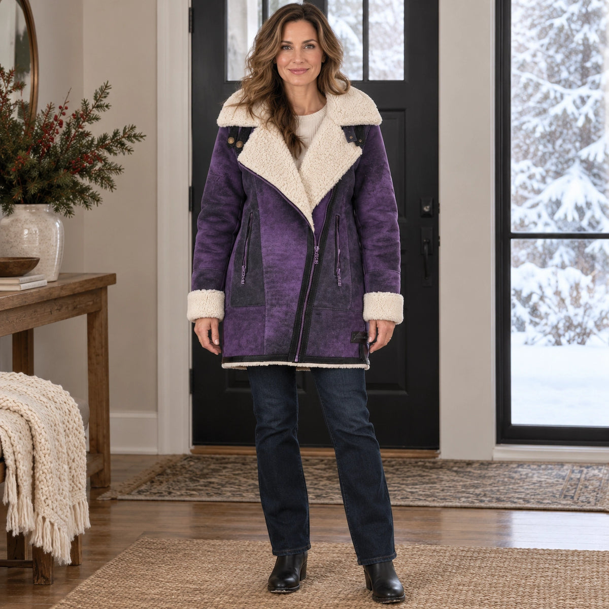 fleece jacket — Women's Contrast Collar Zip Up Coat — Amara, Purple, complete front view, worn by an adult model — view 2