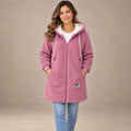 Luna Pink fleece jacket front image, complete garment on a happy female model.