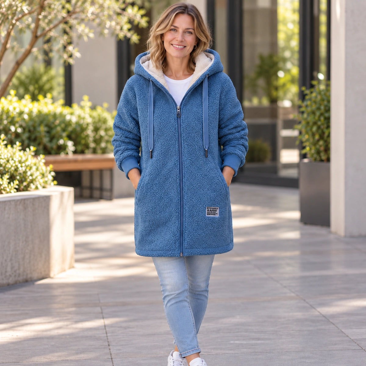 Luna Blue fleece jacket front color image, complete garment on a happy mature female model. — view 2